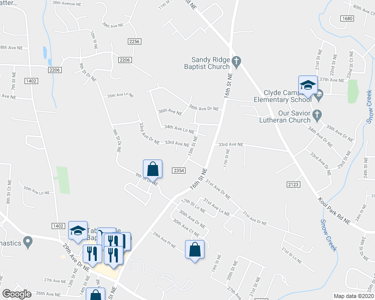 map of restaurants, bars, coffee shops, grocery stores, and more near 1470 33rd Avenue Northeast in Hickory
