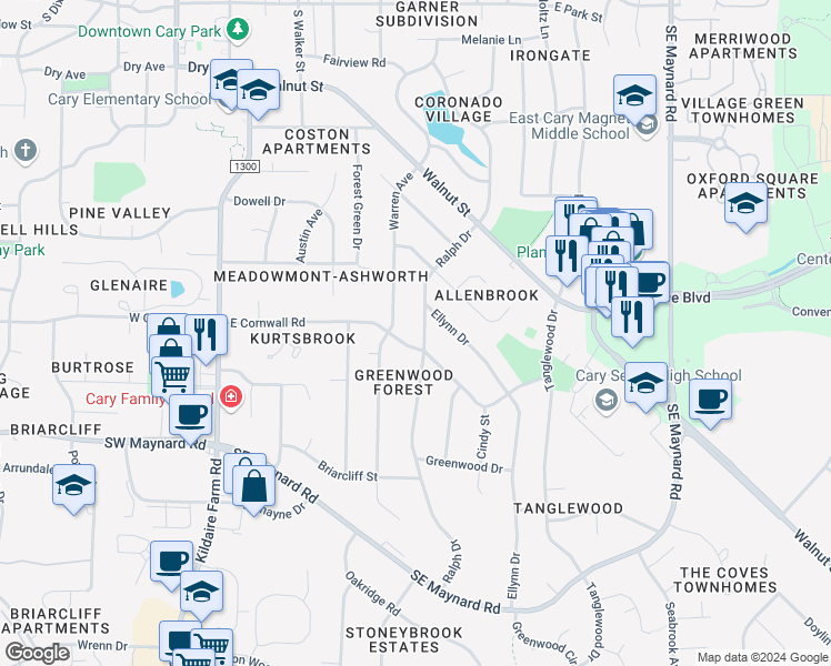 map of restaurants, bars, coffee shops, grocery stores, and more near 834 Ralph Drive in Cary