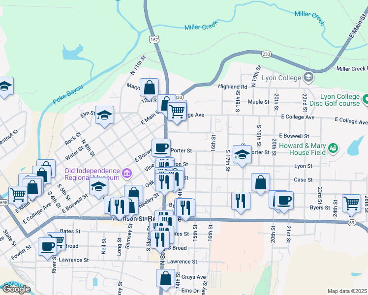 map of restaurants, bars, coffee shops, grocery stores, and more near 1411 Porter Street in Batesville