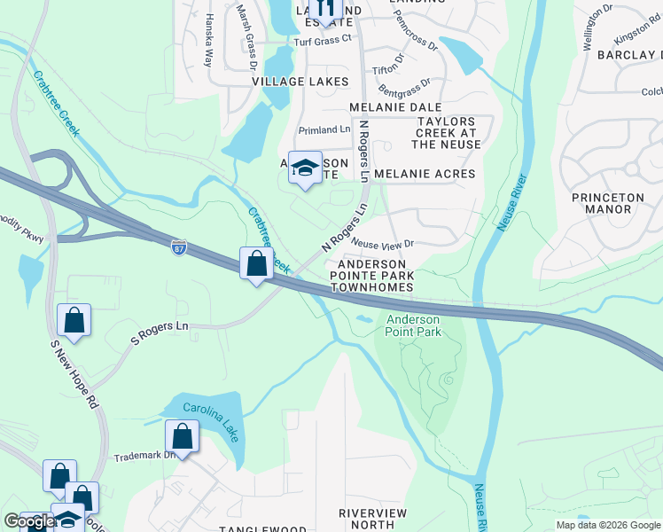 map of restaurants, bars, coffee shops, grocery stores, and more near 102 North Rogers Lane in Raleigh