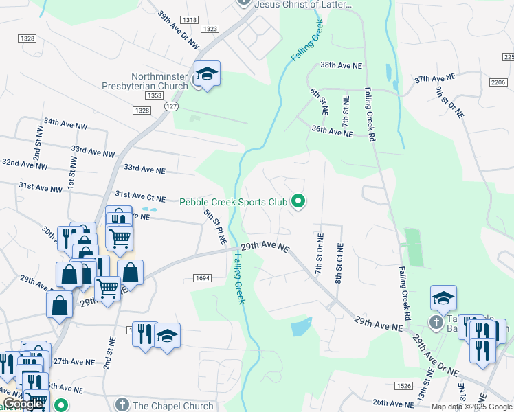 map of restaurants, bars, coffee shops, grocery stores, and more near 529 30th Avenue Circle Northeast in Hickory