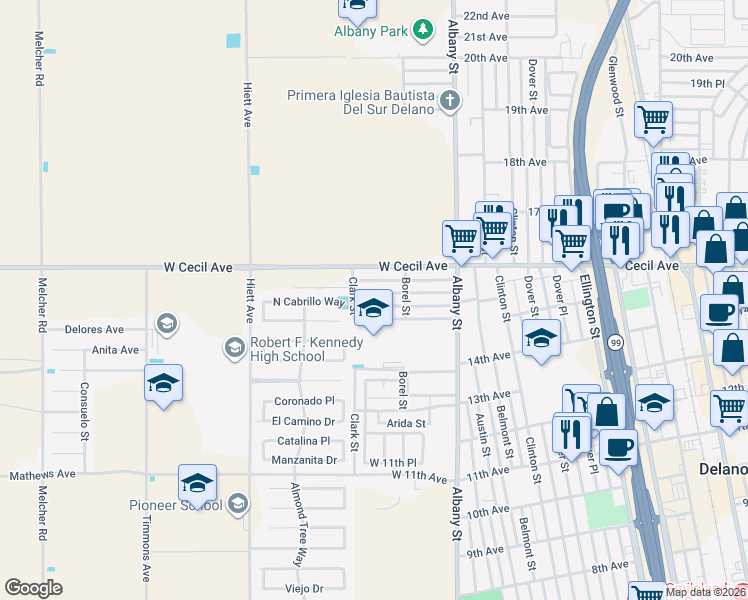 map of restaurants, bars, coffee shops, grocery stores, and more near 230 West 15th Place in Delano