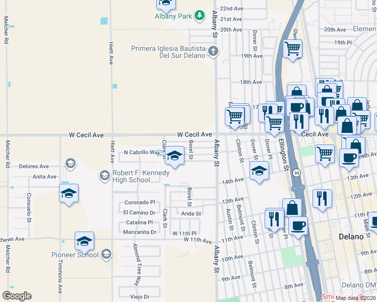 map of restaurants, bars, coffee shops, grocery stores, and more near 1509 Borel Street in Delano