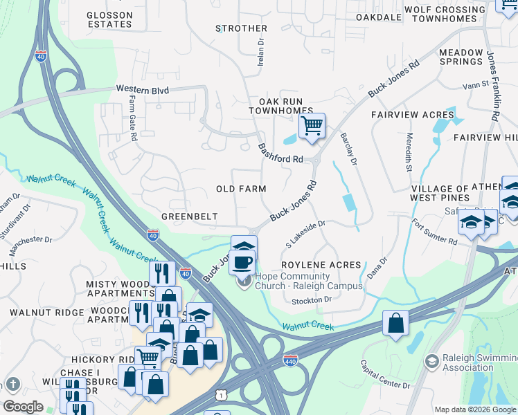 map of restaurants, bars, coffee shops, grocery stores, and more near 5800 Phaeton Circle in Raleigh