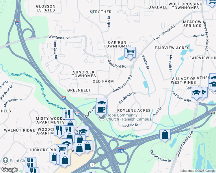 map of restaurants, bars, coffee shops, grocery stores, and more near 5800 Phaeton Circle in Raleigh