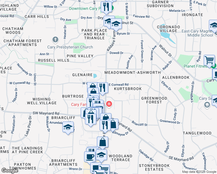 map of restaurants, bars, coffee shops, grocery stores, and more near 901 Kildaire Farm Road in Cary