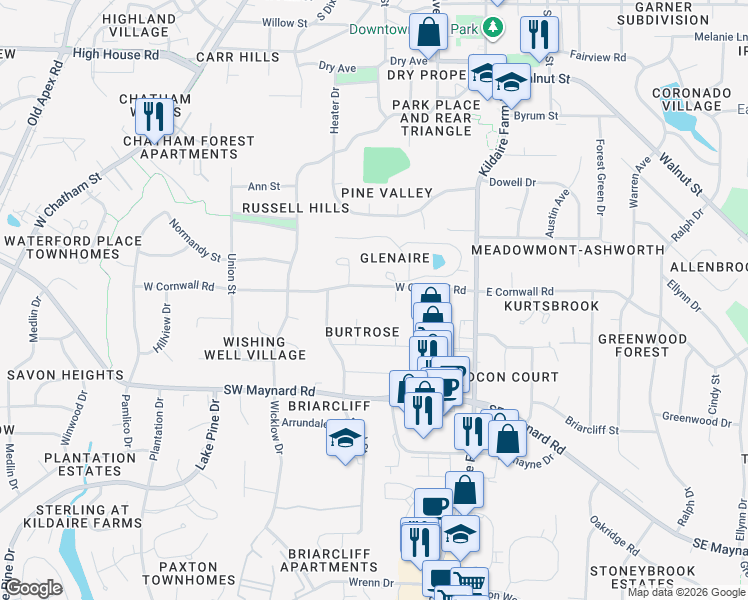 map of restaurants, bars, coffee shops, grocery stores, and more near 245 West Cornwall Road in Cary