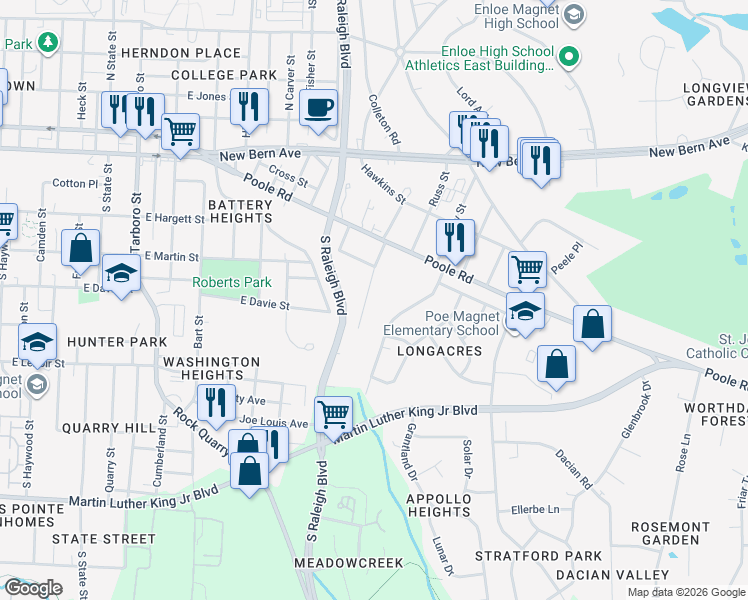map of restaurants, bars, coffee shops, grocery stores, and more near 317 Angier Avenue in Raleigh