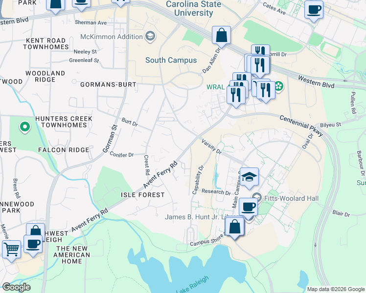 map of restaurants, bars, coffee shops, grocery stores, and more near 3504 Ivy Commons Drive in Raleigh