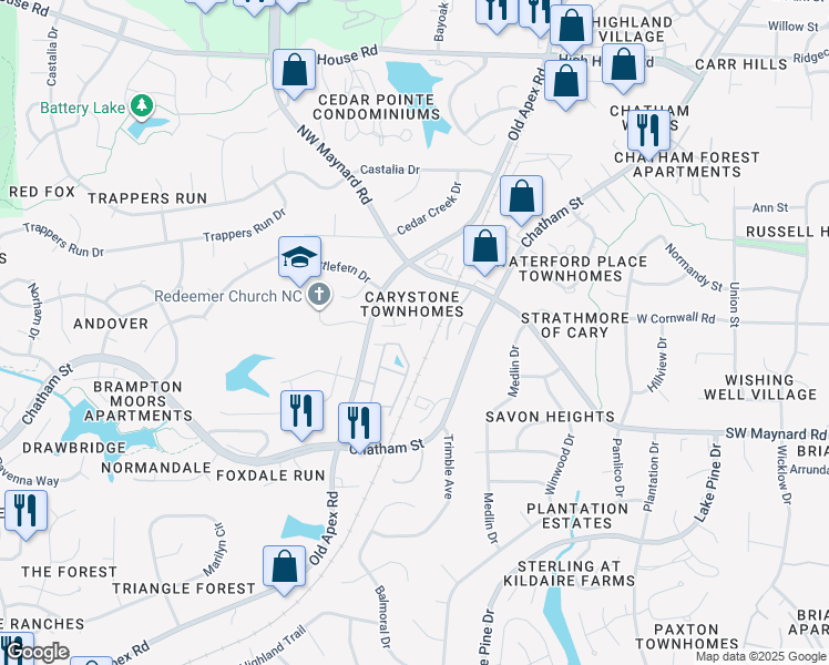 map of restaurants, bars, coffee shops, grocery stores, and more near 220 Kristin Court in Cary