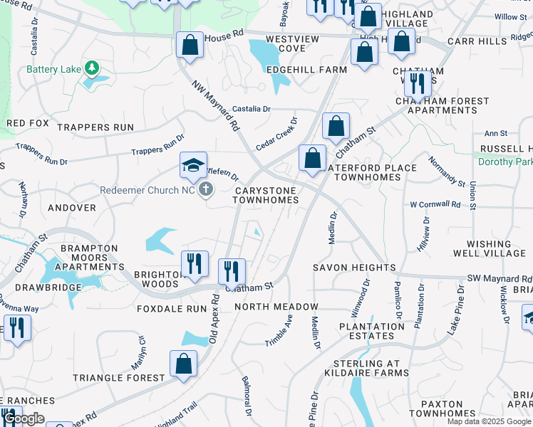 map of restaurants, bars, coffee shops, grocery stores, and more near 220 Kristin Court in Cary