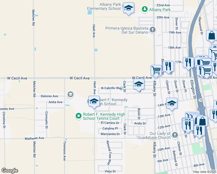 map of restaurants, bars, coffee shops, grocery stores, and more near 341 North Cabrillo Way in Delano