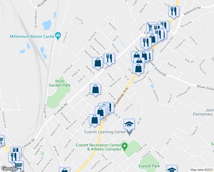 map of restaurants, bars, coffee shops, grocery stores, and more near 1803 Monroe Avenue in Maryville