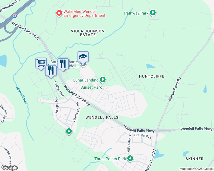 map of restaurants, bars, coffee shops, grocery stores, and more near 6301 Taylor Road in Wendell