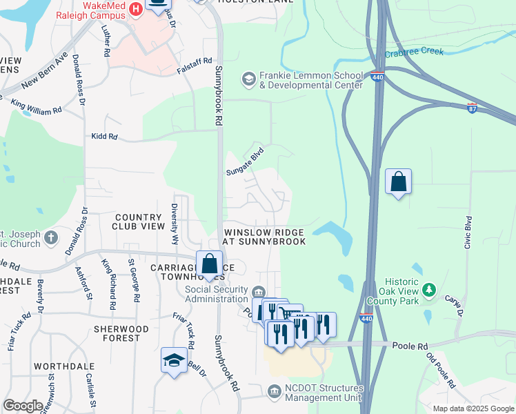 map of restaurants, bars, coffee shops, grocery stores, and more near 3304 Pine Grove Road in Raleigh