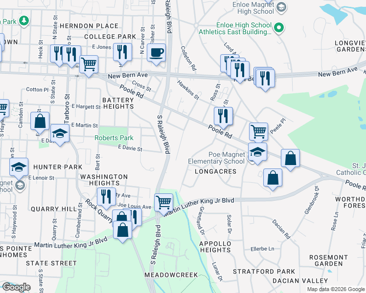 map of restaurants, bars, coffee shops, grocery stores, and more near 317 Angier Avenue in Raleigh