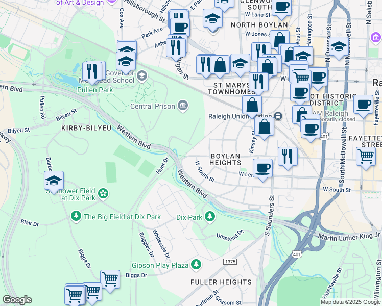 map of restaurants, bars, coffee shops, grocery stores, and more near 1106 West Cabarrus Street in Raleigh