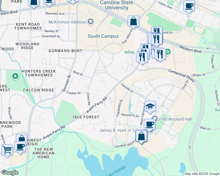 map of restaurants, bars, coffee shops, grocery stores, and more near 3504 Ivy Commons Drive in Raleigh
