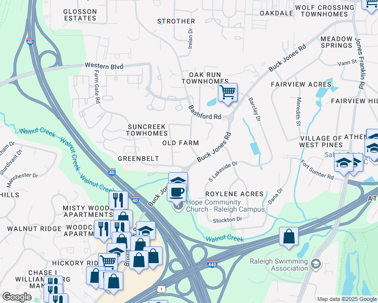 map of restaurants, bars, coffee shops, grocery stores, and more near 5800 Phaeton Circle in Raleigh