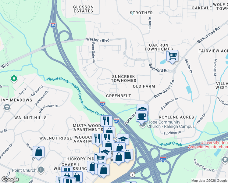 map of restaurants, bars, coffee shops, grocery stores, and more near 5940 Farm Gate Road in Raleigh