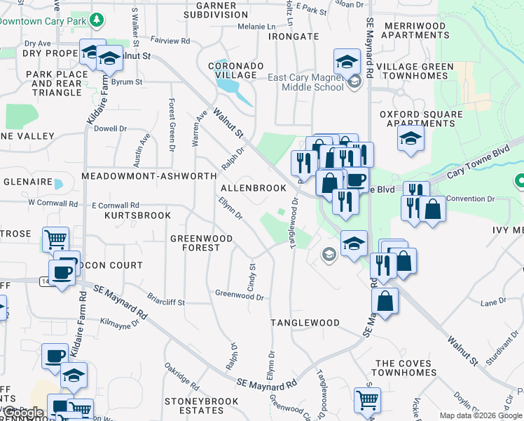 map of restaurants, bars, coffee shops, grocery stores, and more near 518 Carolyn Court in Cary