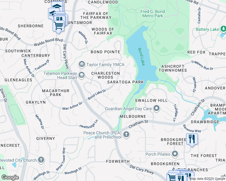 map of restaurants, bars, coffee shops, grocery stores, and more near 105 Woodarbor Circle in Cary