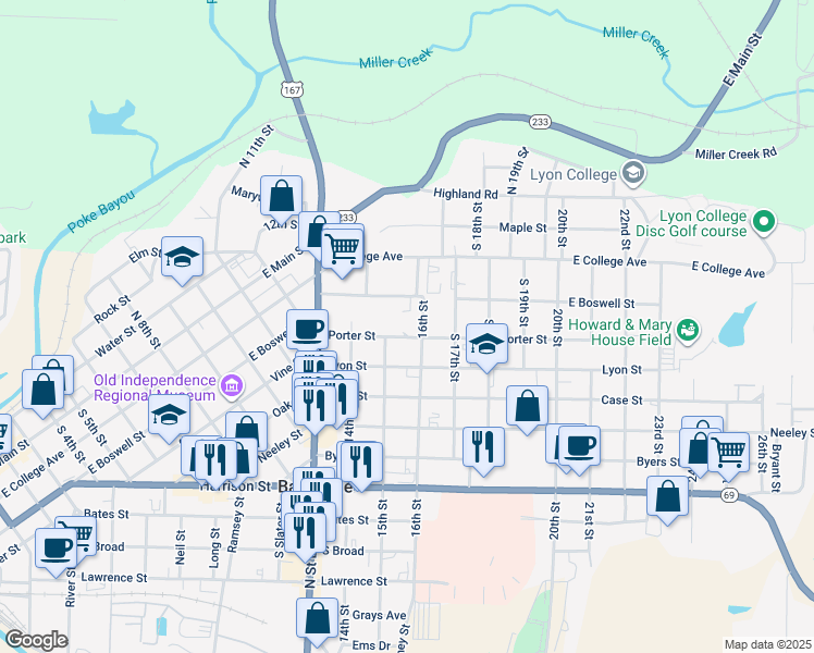 map of restaurants, bars, coffee shops, grocery stores, and more near 1487 Porter Street in Batesville