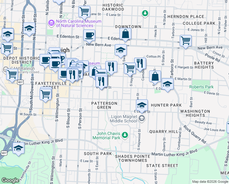 map of restaurants, bars, coffee shops, grocery stores, and more near 548 East Davie Street in Raleigh