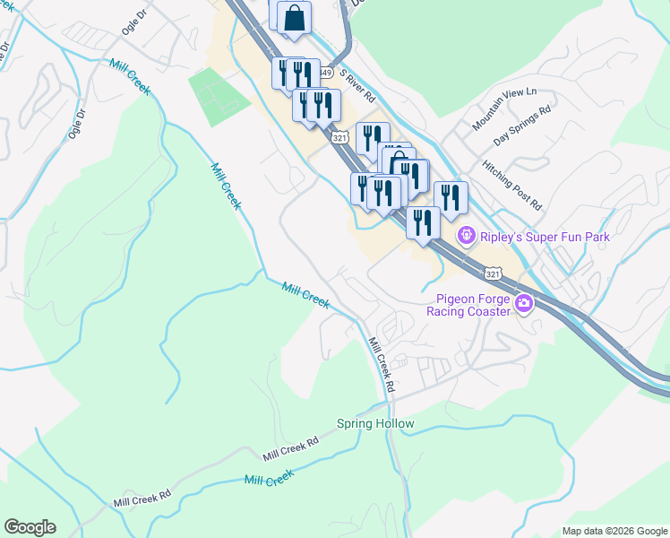 map of restaurants, bars, coffee shops, grocery stores, and more near 226 Mill View Drive in Pigeon Forge