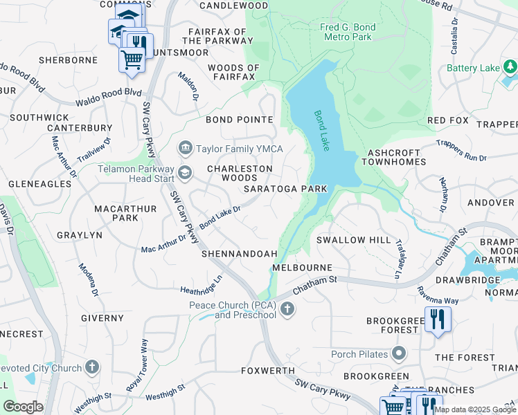 map of restaurants, bars, coffee shops, grocery stores, and more near 105 Woodarbor Circle in Cary