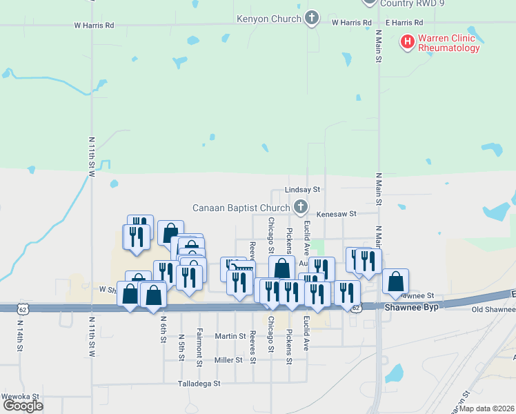 map of restaurants, bars, coffee shops, grocery stores, and more near 2401 Chicago Street in Muskogee
