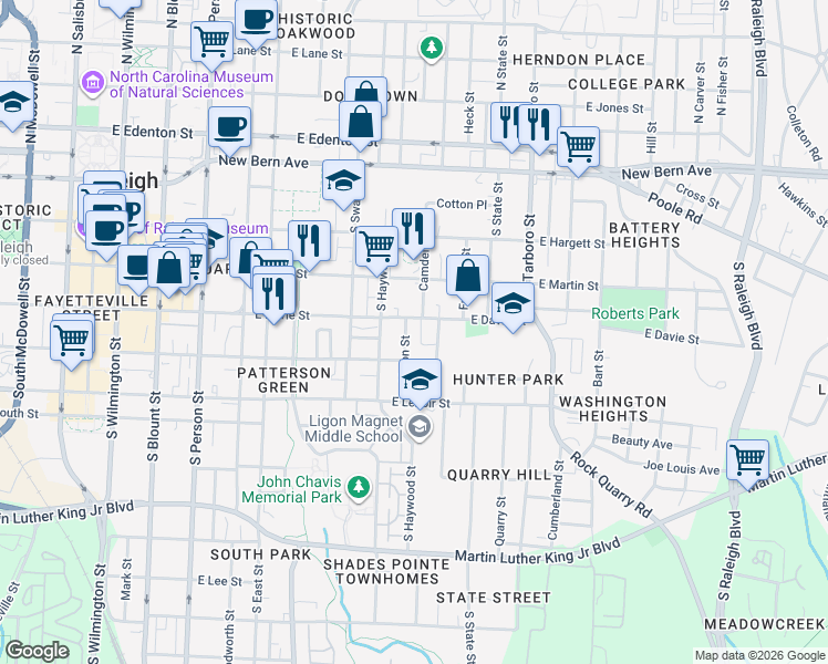 map of restaurants, bars, coffee shops, grocery stores, and more near 720 East Davie Street in Raleigh