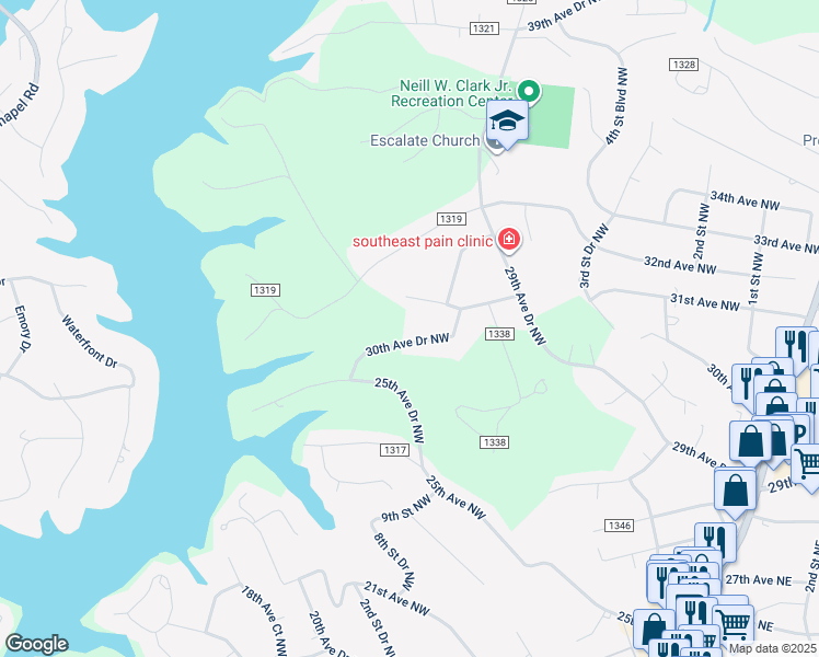 map of restaurants, bars, coffee shops, grocery stores, and more near 934 30th Avenue Drive Northwest in Hickory