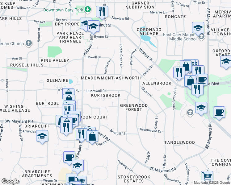 map of restaurants, bars, coffee shops, grocery stores, and more near 902 Washington Street in Cary