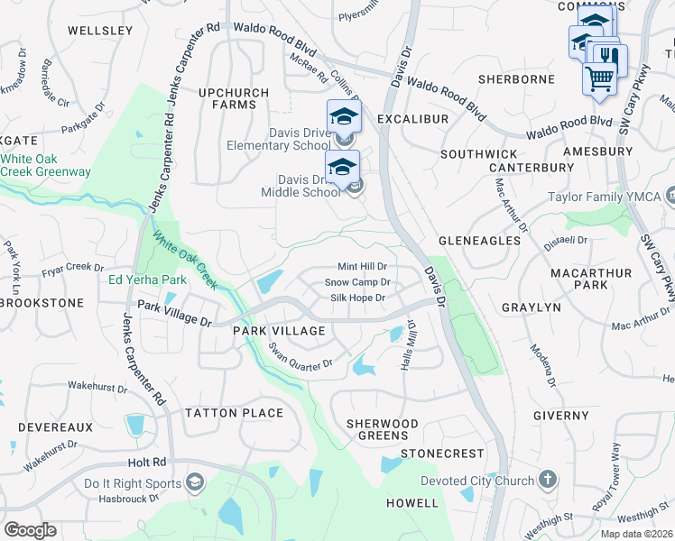 map of restaurants, bars, coffee shops, grocery stores, and more near 211 Mint Hill Drive in Cary
