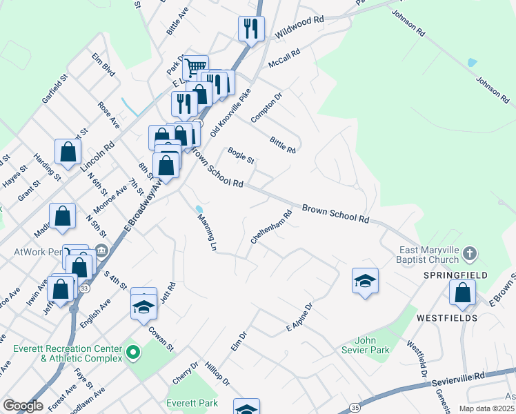 map of restaurants, bars, coffee shops, grocery stores, and more near 539 Brown School Road in Maryville