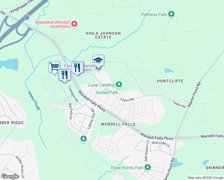 map of restaurants, bars, coffee shops, grocery stores, and more near 201 Hidden Shadow Lane in Wendell