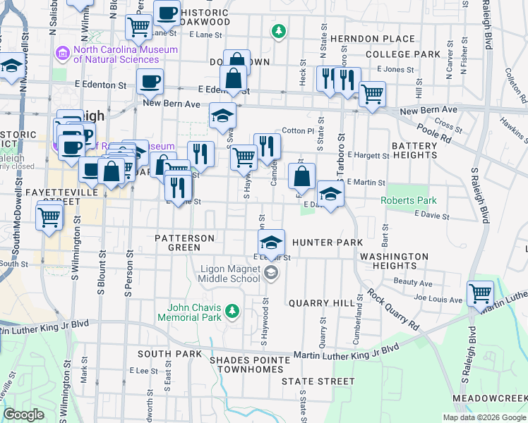 map of restaurants, bars, coffee shops, grocery stores, and more near 720 East Davie Street in Raleigh