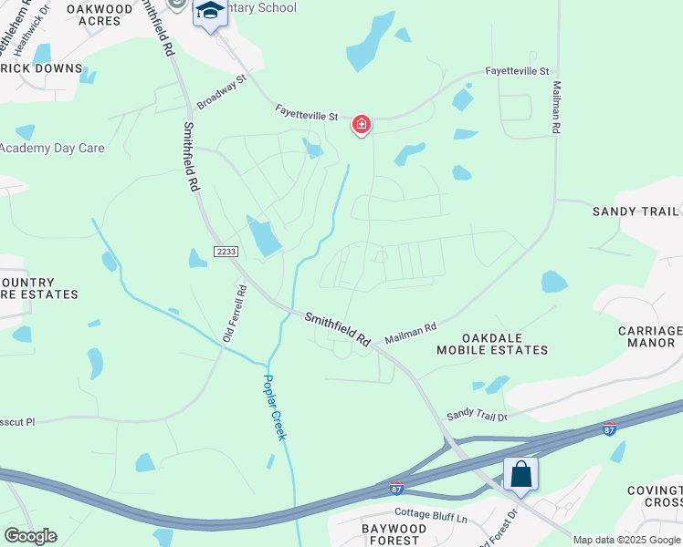 map of restaurants, bars, coffee shops, grocery stores, and more near 2849 Smithfield Road in Knightdale