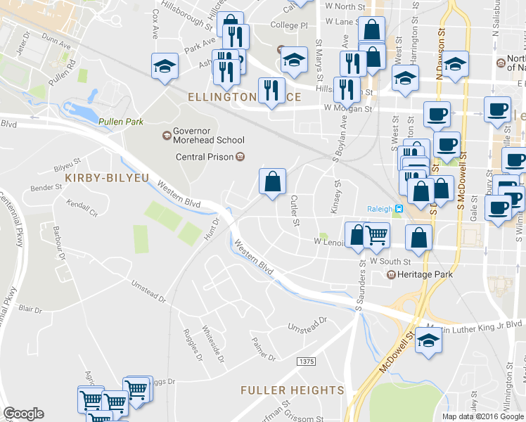 map of restaurants, bars, coffee shops, grocery stores, and more near 1012 West Cabarrus Street in Raleigh