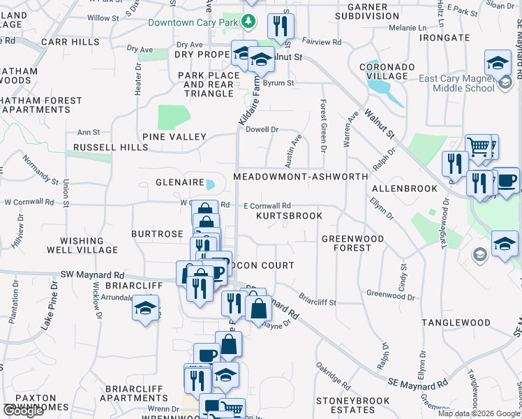 map of restaurants, bars, coffee shops, grocery stores, and more near 112 East Cornwall Road in Cary