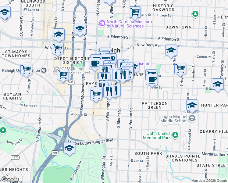 map of restaurants, bars, coffee shops, grocery stores, and more near 131 East Cabarrus Street in Raleigh