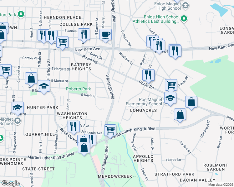 map of restaurants, bars, coffee shops, grocery stores, and more near 1629 Battery Drive in Raleigh
