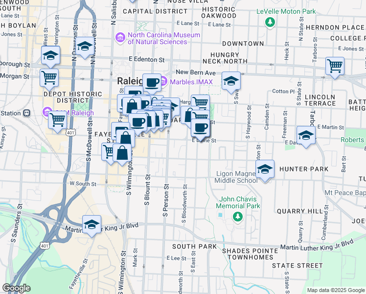 map of restaurants, bars, coffee shops, grocery stores, and more near 310 East Davie Street in Raleigh