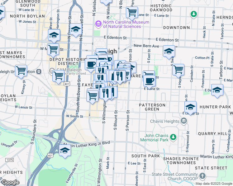 map of restaurants, bars, coffee shops, grocery stores, and more near 341 South Wilmington Street in Raleigh
