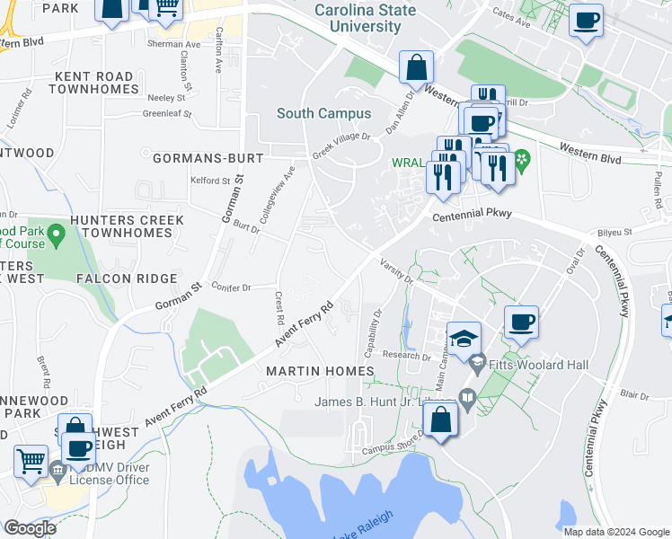 map of restaurants, bars, coffee shops, grocery stores, and more near 3504 Ivy Commons Drive in Raleigh