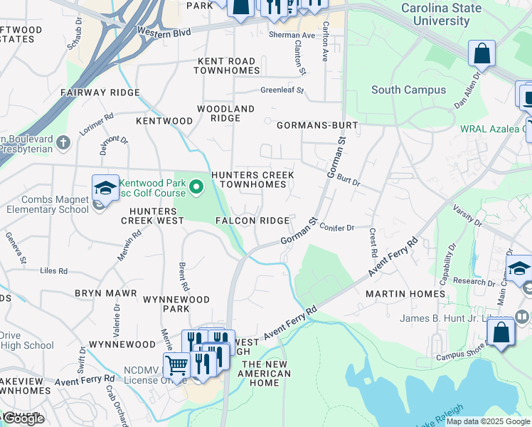 map of restaurants, bars, coffee shops, grocery stores, and more near 4280 Kaplan Drive in Raleigh