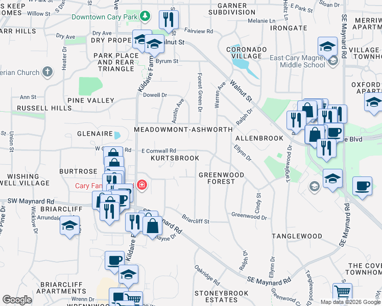 map of restaurants, bars, coffee shops, grocery stores, and more near 902 Washington Street in Cary