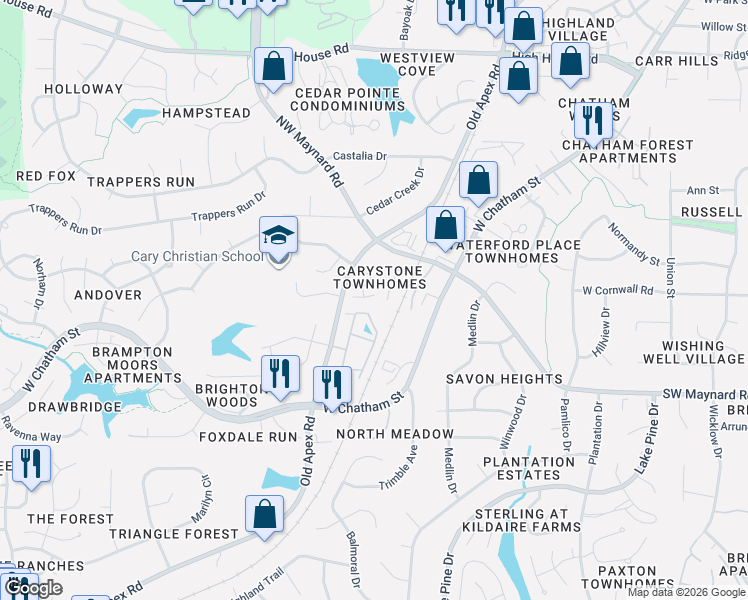 map of restaurants, bars, coffee shops, grocery stores, and more near 102 Virginia Place in Cary