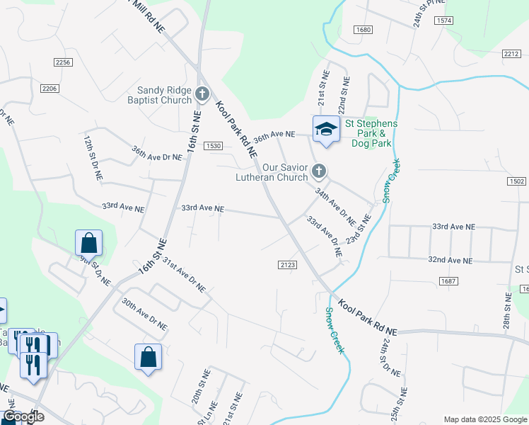 map of restaurants, bars, coffee shops, grocery stores, and more near 1937 33rd Avenue Northeast in Hickory